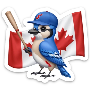 bluejay standing swinging bat, toronto blue jays baseball hat, holding canadian flag
 sticker