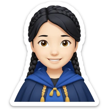 braid black hair, white asian girl, dark blue cloak, happy smaile sticker