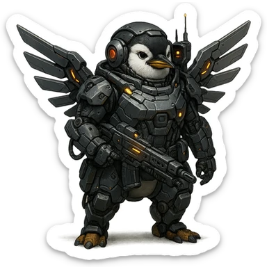 a penguin as a space soldier and cyborg, armored suit, robotic wings, high-tech gadgets sticker