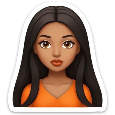 light brown skin tone, very beautiful woman, with big plump lips, long long lashes, black long straight hair, middle hair parting, brown eyes, orange dress sticker