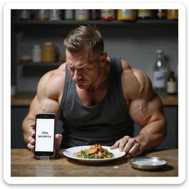 realistic bodybuilder man in gym clothes sitting at a table with a kitchen scale and a small plate with minimal food portions. Next to it, a phone app with the text 'Dieta ipocalorica'. Frustrated expression, gaze at the plate. Background with supplements and water. Realistic style. sticker