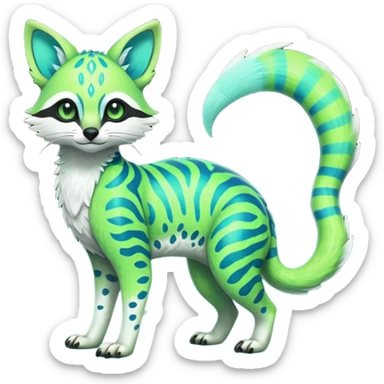 Rare realistic iridescent neon lime-green & cyan white gradients lush tropical exotic cute epic pretty beautiful handsome gorgeous aesthetic colorful vibrant Vernid-Protogen-Primagen-Wickerbeast-Genet-Trico-species-Fakemon-hybrid-creature by LiLaiRa, beautiful intricate markings, full body sticker