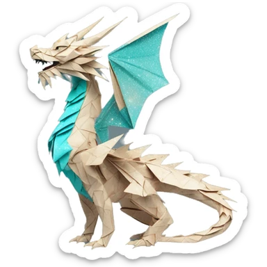 Sparkling patterned Beige Origami dragon with a dried flower crown made of newspapers intricate patterns surrounded by fairy lights nebula galaxy stars swirls iridescent cyan sticker