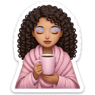 hispanic woman, brown skin, black long 3b curls, closed eyes, feminine face, holding soft pink coffee cup with beige blanket over shoulders sticker