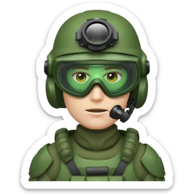 white-skinned male modern soldier with green advanced armor, ultra-modern tactical helmet with night vision goggles, face mask, cool and brutal, emoji style sticker