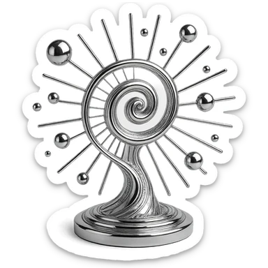 abstract chrome spiral with radiating lines and floating spheres, symbolizing the process of thought sticker
