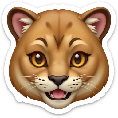 Cinematic Comical Cougar Portrait Emoji, Head tilted dramatically with an exaggeratedly amused expression, featuring a striking tawny Fur with bold dark accents and wide, expressive amber eyes filled with playful disbelief, Simplified yet hilariously expressive features, highly detailed, glowing with a slightly sassy glow, high shine, dramatic yet playful, stylized with an air of cheeky wilderness mischief, bright and endearing, soft glowing outline, capturing the essence of a spirited and over-the-top cougar, so meme-worthy it feels like it could pounce its way into internet fame instantly! sticker