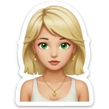 Girl with green eyes, blonde slightly wavy hair, sideswept bangs, darker roots, white but a bit tan, wearing white tank top, golden necklace and gold earrings, rosy cheeks and blushed lips sticker