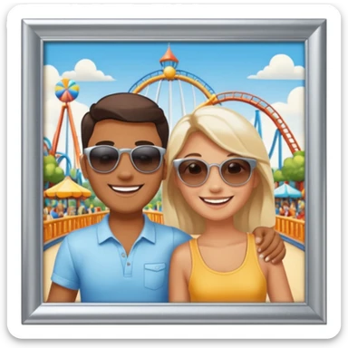 a photo in a silver frame, of 2 friends in a theme park sticker