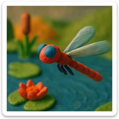 claymation style dragonfly flying with a blurred motion effect, colorful pond background sticker