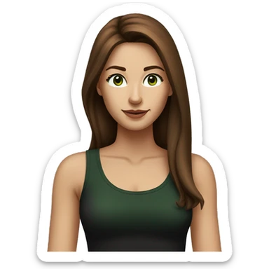 Attractive woman with very long chestnut-brown hair and dark green eyes wearing a black tank top sticker