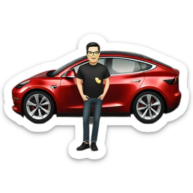 middle-age-lean-white-man,-with-black-hair-&-glasses, without beard or moustache,-wearing-tesla-t-shirt-riding-a-black-tesla-model-3 sticker