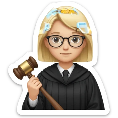 Young judge, blonde hair with glasses and robe, hold a gavel sticker