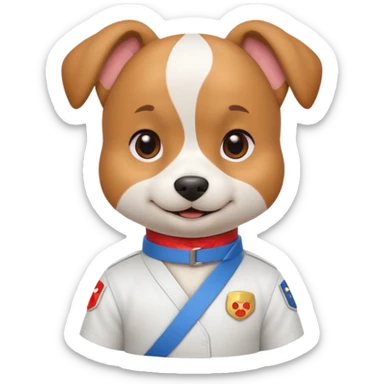 cute dog doing karate portrait, head and shoulders only, wearing white gi uniform, colored belt visible, confident smile, 3D cartoon, mobile game icon style, clean background, no text, no watermark
 sticker