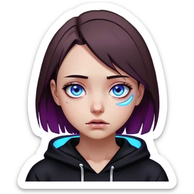 a girl with a brown bob and blue eyes in a black hoodie is crying Cyberpunk style. Violet neon. sticker