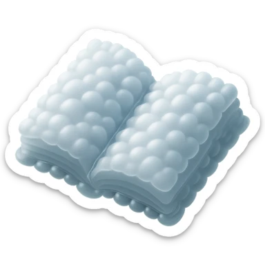 thick open book made entirely of small, very bright white fluffy convex clouds, matte glass style sticker