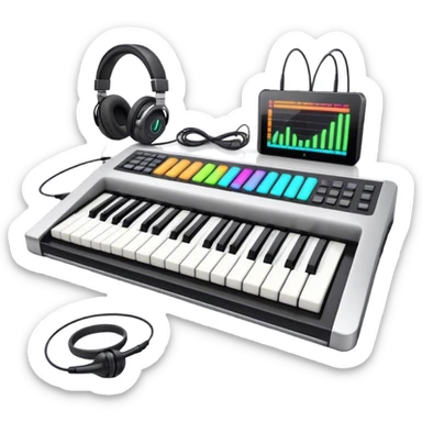 Create a professional and artistic emoji that represents writing music tracks. The design should feature a digital audio workstation (DAW) screen with visible waveforms, a MIDI keyboard, and a high-quality microphone to symbolize the tools used in music production. Add elements like studio headphones and an audio interface to reflect the technical aspects of creating a track. Use sleek, modern colors like silver, black, and neon accents to convey the professional environment of music composition. The background should be transparent. sticker