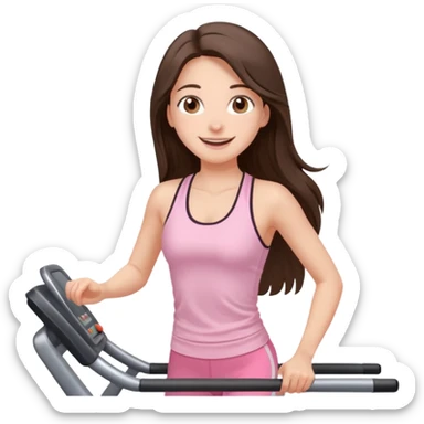 happy long haired brunette girl hazel eyes in light pink on treadmill  sticker
