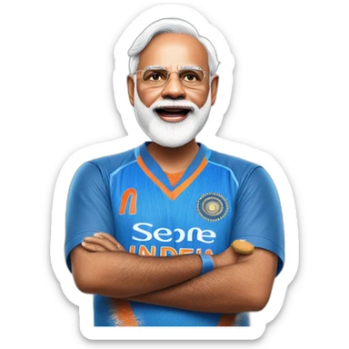 hyper realistic narendra modi in blue indian cricket team jersey with tongue out sticker