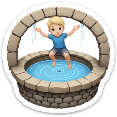 Create a clean emoji-style icon showing a small child falling into a round stone water well. The well must be clearly recognizable: circular stone rim, dark opening. Show the child mid-air, tilted downward above the well with simple motion lines. sticker