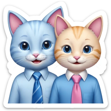 happy girl cat with eyelashes wearing a pink necktie and happy boy cat wearing a blue necktie, standing close together, both smiling sticker