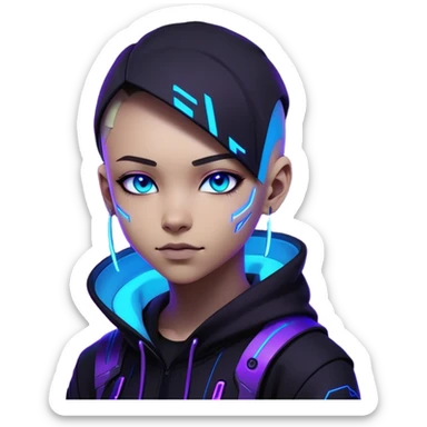 "A highly detailed futuristic digital avatar of a young graphic designer. Cyberpunk-inspired, wearing a sleek black hoodie with neon blue and purple accents. The character has sharp features, a confident smirk, and glowing eyes (one blue, one purple). The background is dark with abstract lighting, giving a professional and mysterious vibe. The art style is a mix of ultra-realistic and sci-fi digital painting, high resolution sticker