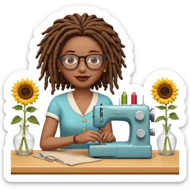 African American woman, flawless medium skin tone, glasses, rosey cheeks, full lips, natural chin length  brown dread locks, sitting at sewing machine, and a vase of sunflowers, slightly grinning as she sews, still life, 3D render, colorful highly detailed, 4k, no emoji icons, no emoji faces sticker
