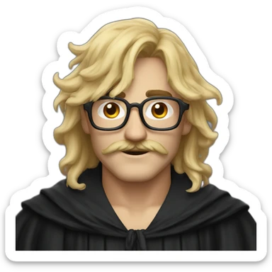 A man with blond messy hair and a mustache, wearing a black squared shaped eye glasses, a black wizard hat, black  robe sticker