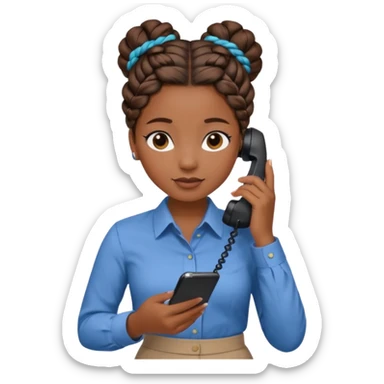 black girl on the phone with a notepad in colored formal shirt and braided bun sticker