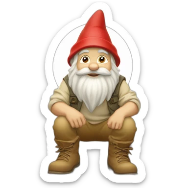 side view of gnome with light tan pants and light tan boots squatting in front of small dirt pile sticker