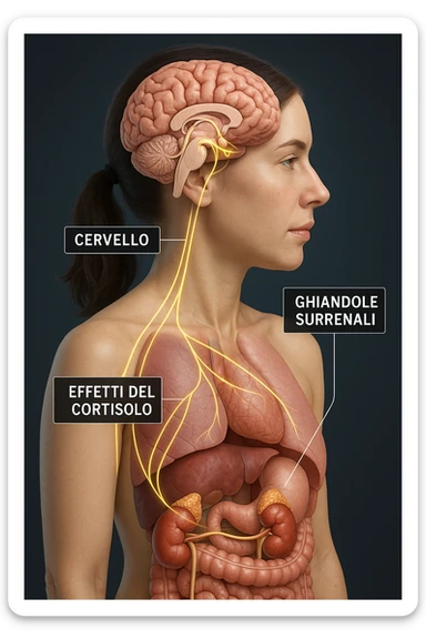 realistic 3D medical image of a woman showing effects of cortisol, brain and adrenal glands emphasized, visible hormonal connections, captions in Italian, aspect ratio 2:3 sticker