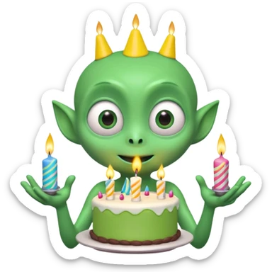 A cute friendly alien holding a birthday cake with candles, big expressive eyes, bright colors, cartoon style, playful atmosphere, 3D animated look, Pixar-inspired, highly detailed
 sticker