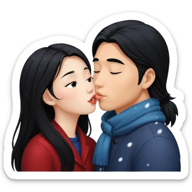 long black haired asian guy kisses redhead girl in snowstorm sticker