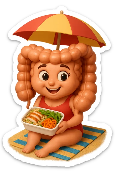 EMOJI STILE IPHONE DI INTESTINO DONNA CON COSTUME INTERO IN SPIAGGIA SEDUTO SU UNA SPIAGGINA SOTTO L'OMBRELLONE CON IN MANO UNA SCHISCETTA DI Insalata di quinoa e pollo con rucola e carote, iperrealistica 4k sticker