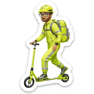 Man wearing a neon yellow high-vis waterproof suit with reflective stripes, carrying a large hiking backpack, standing on a stunt scooter. He has short brown hair, a trimmed beard, glasses, and is by the sea on a concrete platform. sticker
