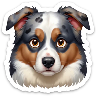Cinematic Meme-Worthy Grumpy Calico Australian Shepherd Portrait Emoji, Head held high but eyes filled with dramatic disappointment, smooth white fur with spectacular patches of black, tan, and red calico merle, deeply furrowed brow forming an unmistakable scowl, floppy ears slightly angled back in disapproval, piercing blue eyes glaring with pure exasperation, Simplified yet hilariously over-exaggerated features, highly detailed, glowing with an aura of supreme annoyance, high shine, exhausted yet judgmental, stylized with an almost regal pettiness, bright but brooding, soft glowing outline, capturing the essence of a pup that has seen it all and is thoroughly unimpressed, so meme-worthy it feels like it could instantly become the next viral sensation of grumpiness! sticker