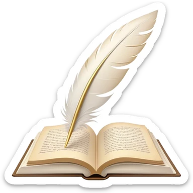 Create a delicate and elegant emoji representing poetry. The design should feature several gracefully flying pages with short poetic lines written on them. A white feather quill should be gently resting on one of the pages or floating nearby, symbolizing creativity and inspiration. The pages should look soft and flowing, evoking the fluid nature of poetry. Use a subtle color palette with white, light pastels, and a touch of gold for accents. Make the background transparent. sticker