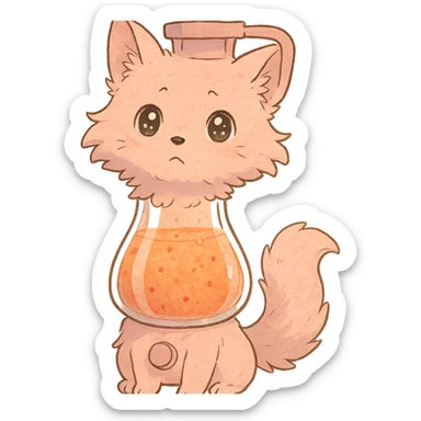a fluffy fox blender, transparent body with a fruity smoothie inside, sparkling eyes, pastel pink, full-body sticker