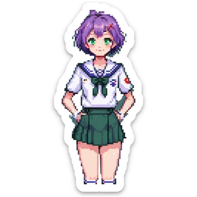 Pixel art anime girl with short bright purple hair wearing Japanese sailor style school uniform, trying to look confident with hand on hip but nervously waving with a shy blush and timid smile sticker