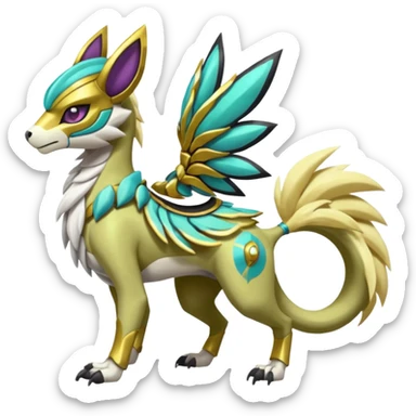 Colorful masked armored leathery scaly furry Futuristic Meloetta-Manectric-Solgaleo-Raikou-Pokémon-Digimon-Fakémon-fusion-hybrid-creature, full body sticker