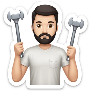  guy who looks very handsome, he has a dark beard, wears a white tee shirt and holds a wrench in one hand and a black hammer in the other hand sticker