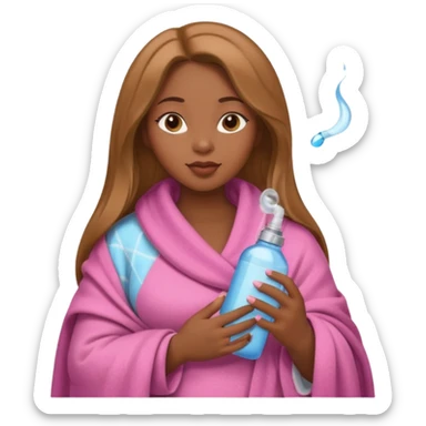 Curvy, light brown long hair, pretty black girl light pink lipgloss wrapped in blanket holding a brown cigarette and water bottle  sticker
