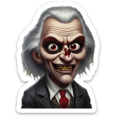 Devious Lordi vampire in Uncle Scrooge style, oil paint, mysterious eyes, intricate lips, masterpiece pose, odd perspective, beautiful, desirable, logical sticker
