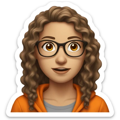 Standing up White woman with brown long curly hair with mischievous look and orange hoodie on. Wearing glasses but one side  has a dark lense and one side  is missing a lense  sticker