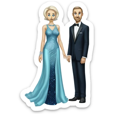 reptilian alien woman, in long slim pastel blue formal party satin dress with gradient shiny sparkling navy blue diamonds embroidered , and caucasian man in black dress sticker