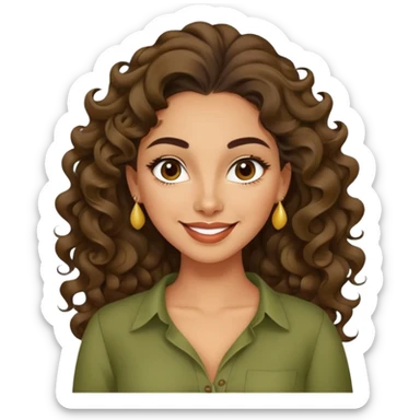 Mujer latina piel canela, cara en forma de pera, cejas definidas, pelo muy largo rizado, peinado hacia atrás con bucles sueltos al frente. Sonrisa amplia, expresión alegre. Blusa verde olivo sticker