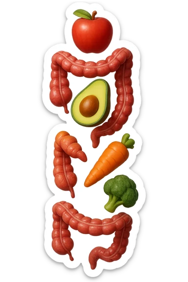 emoji stile iphone in 3d di cibo sano che fluttua in aria vericalmente insieme a pezzi di colon umano anatomico, iperrealistico 4k sticker