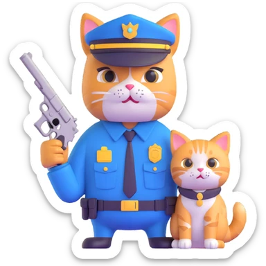 a police officer and a cat, the cat holding a small gun, both looking surprised sticker