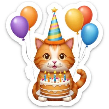 Ginger cat celebrates birthday, birthday hat, birthday cake, balloons, happy sticker