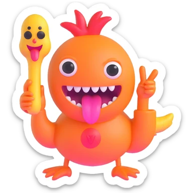 bulging eyes, unhinged grin with too many teeth, one eyeball twitching, tongue out sideways, sweating, glitching effect, peace sign with one hand, other hand holding a cursed rubber chicken sticker